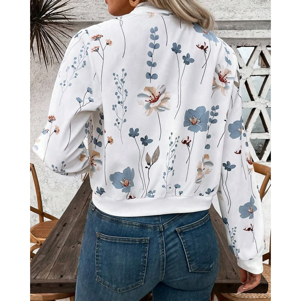 Women Floral Print Zipper Fly Long Sleeve Jackets Femme Casual Short Coat Elegant Autumn Jacket Fashion Baseball Outfits