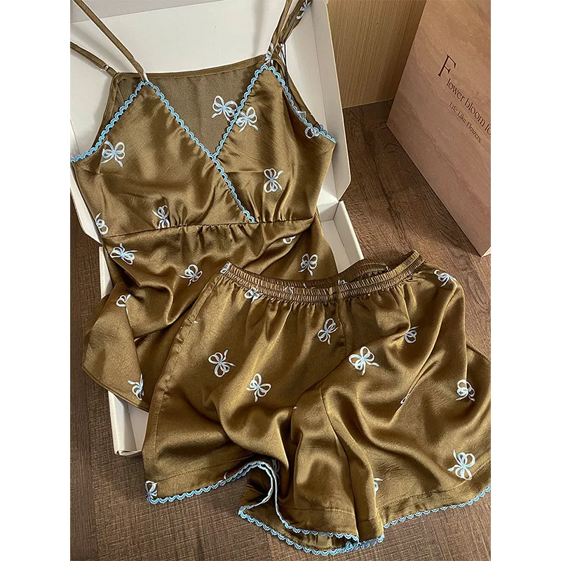 

Women's Two-Piece V-Neck Suspender Lace Lace Printed Top and Shorts Women's Casual Printed Pajama Set