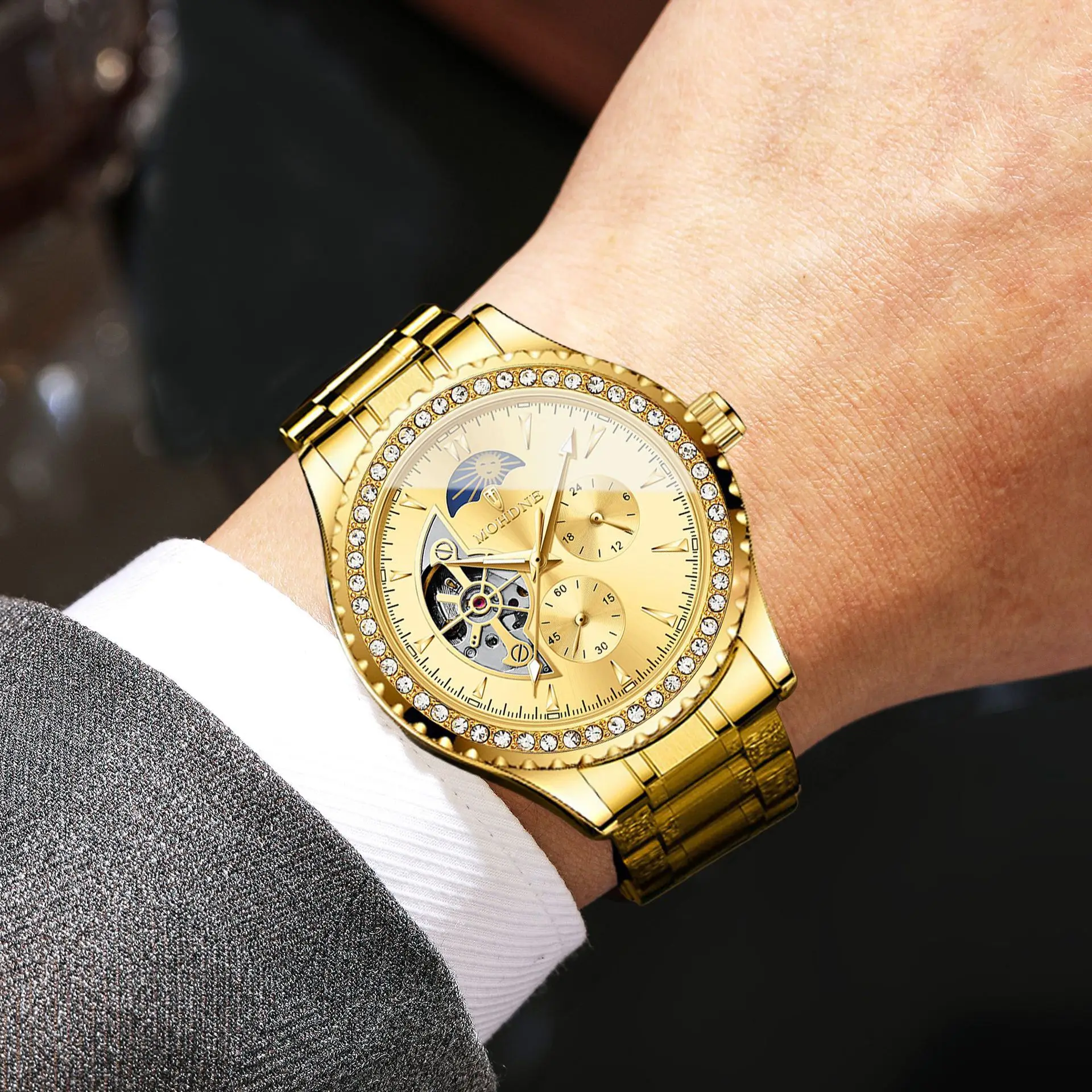 UTHAI M34 Orologio da uomo alla moda con diamanti tempestati di diamanti impermeabile luminoso scavato orologio meccanico completamente automatico, orologi da uomo