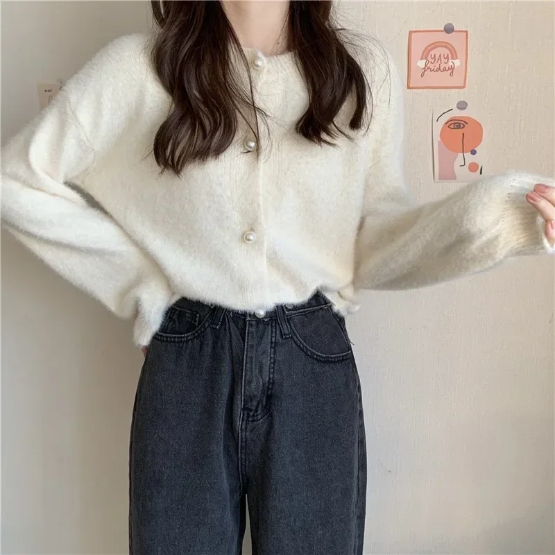 Korean Simple O-neck Single-breasted Imitation Mink Velvet Knitted Sweater  Casual Loose Y2k Cardigan Women Clothes