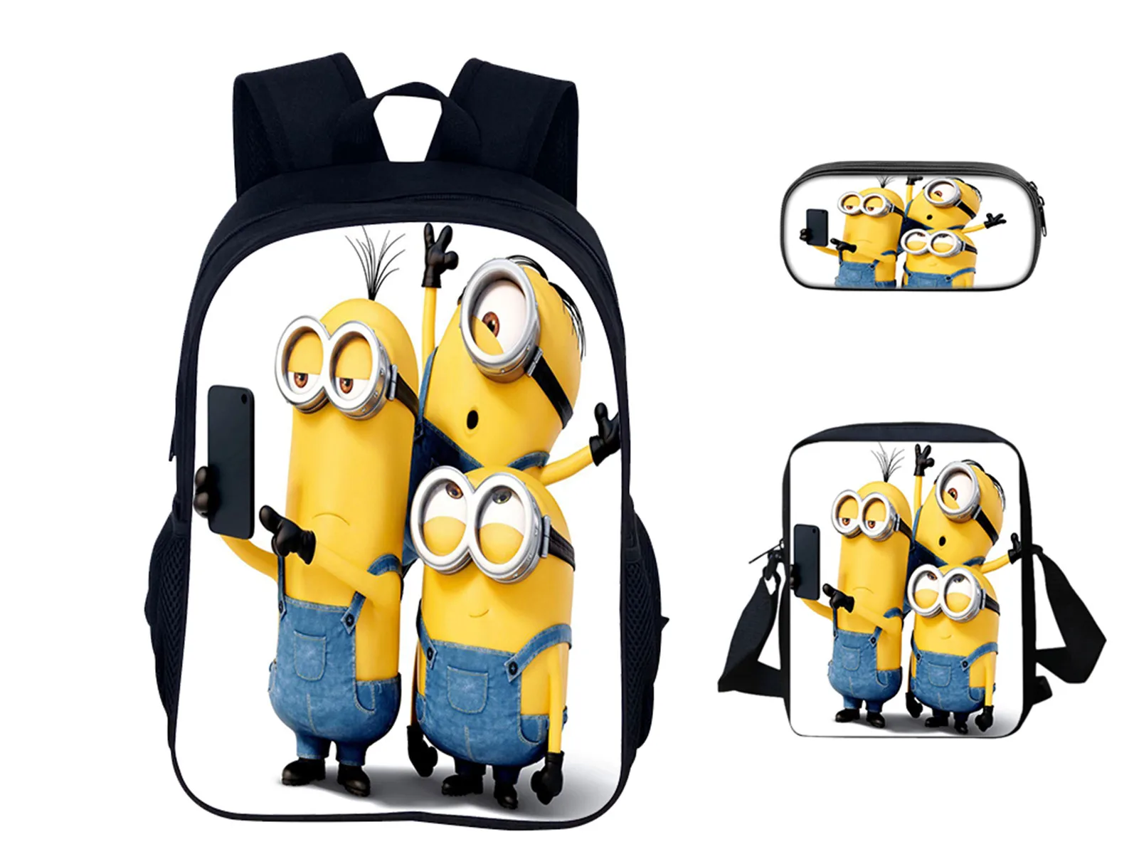 Children Minions Lightweight Backpack+Shoulder Bag+Pencil Case 3Pcs Set,Fashion Book Bag Canvas Knapsack for School