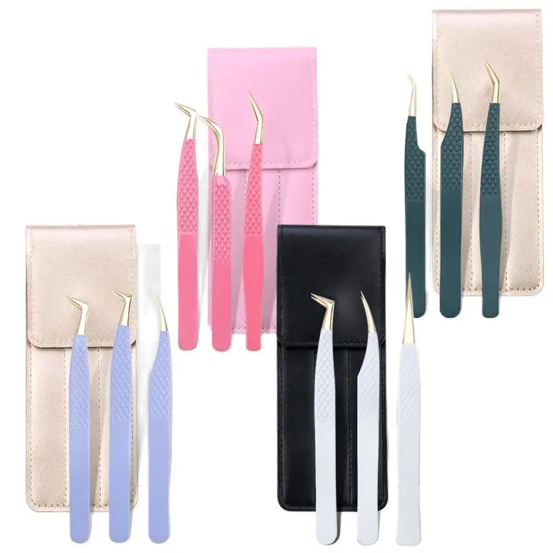 3pc Eyelash Extension Tweezers Set With Bag Stainless Steel Accurate 3d Volume Fan Lash Eyebrow Tweezer Makeup Tools Accessories