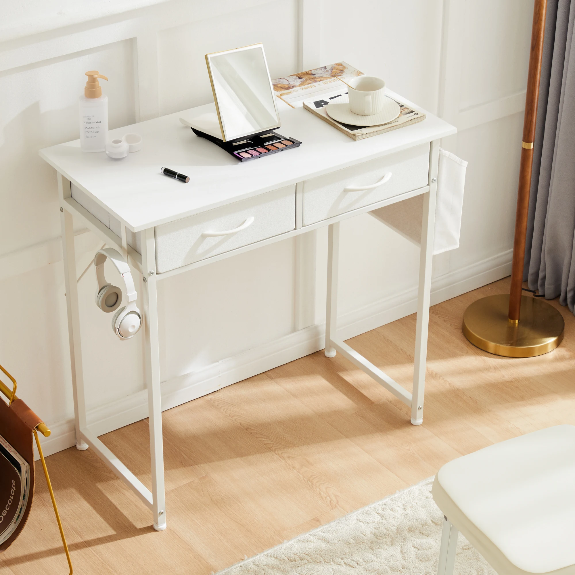 JHK Modern Office Computer Desk 32 Inch with Fabric Storage Drawers Space Side Bag Metal Frame Adjustable Feet For Home PC Table