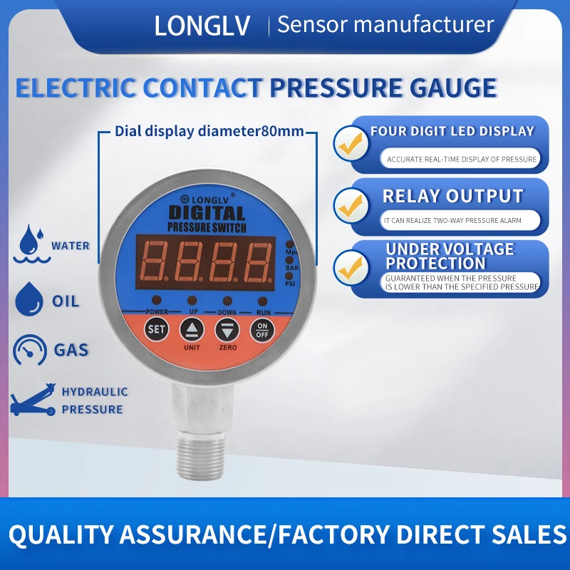 

LONGLV YL-819E Digital display electric contact pressure gauge hydraulic hydraulic hydraulic hydraulic pneumatic pressure gauge