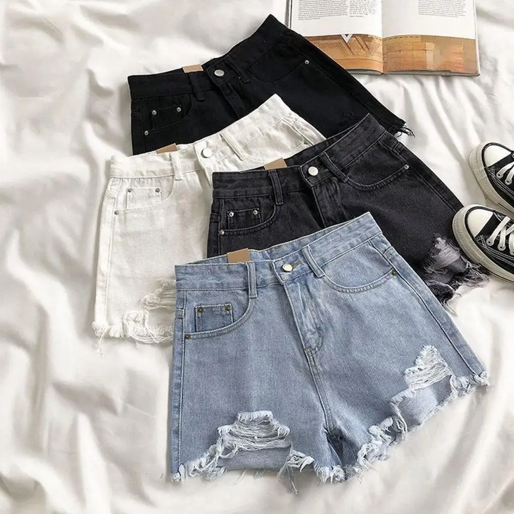 Ripped Jeans Stylish Retro Denim Shorts for Women High Waist A-line Fit Ripped Details Button-zipper Closure Above Knee Length