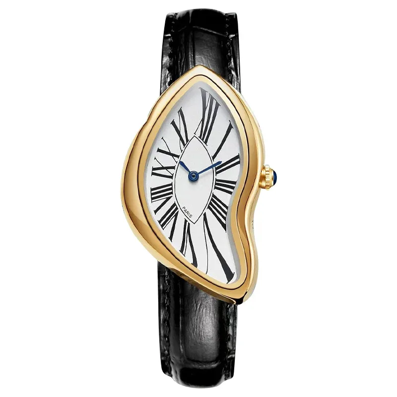 YISON Medieval Retro Alien Watches Melt and Twist Y2k Women Men Strap Irregular Case Leather Advanced Quartz Watch for Gift