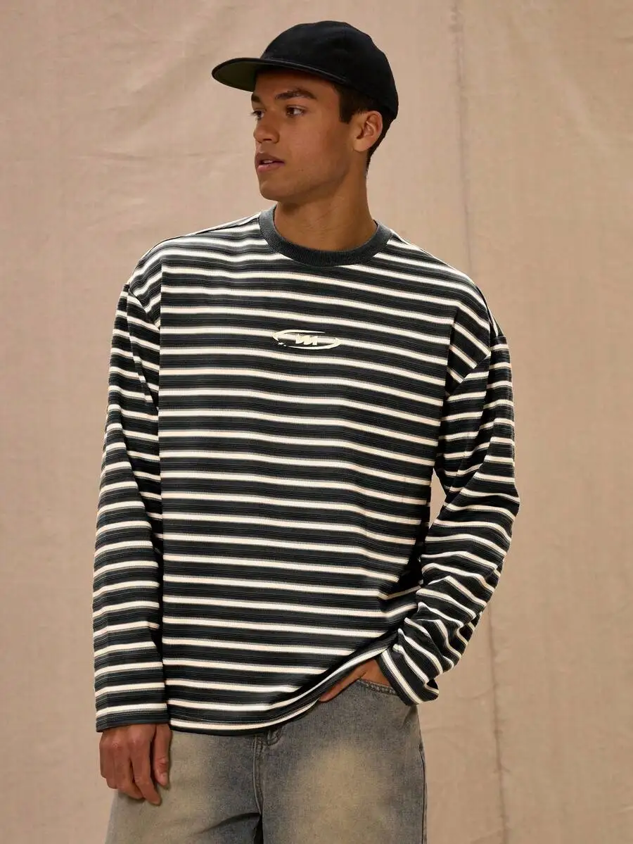 

Striped Long Sleeve Crewneck Top With Graphic Slogan Print, Loose Fit For Spring And Summer