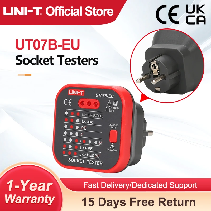 UNI-T UT07B-EU Socket Testers Detector EU Plug Ground Neutral Fire Plug Polarity Phase Check Wiring Detection RCD Leakage Test