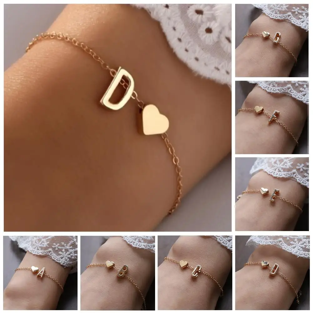 26 English Initial Letter Bracelets for Lovers Women Men DIY Personalized Name Alloy Heart-shaped Bracelets Jewelry Anniversary