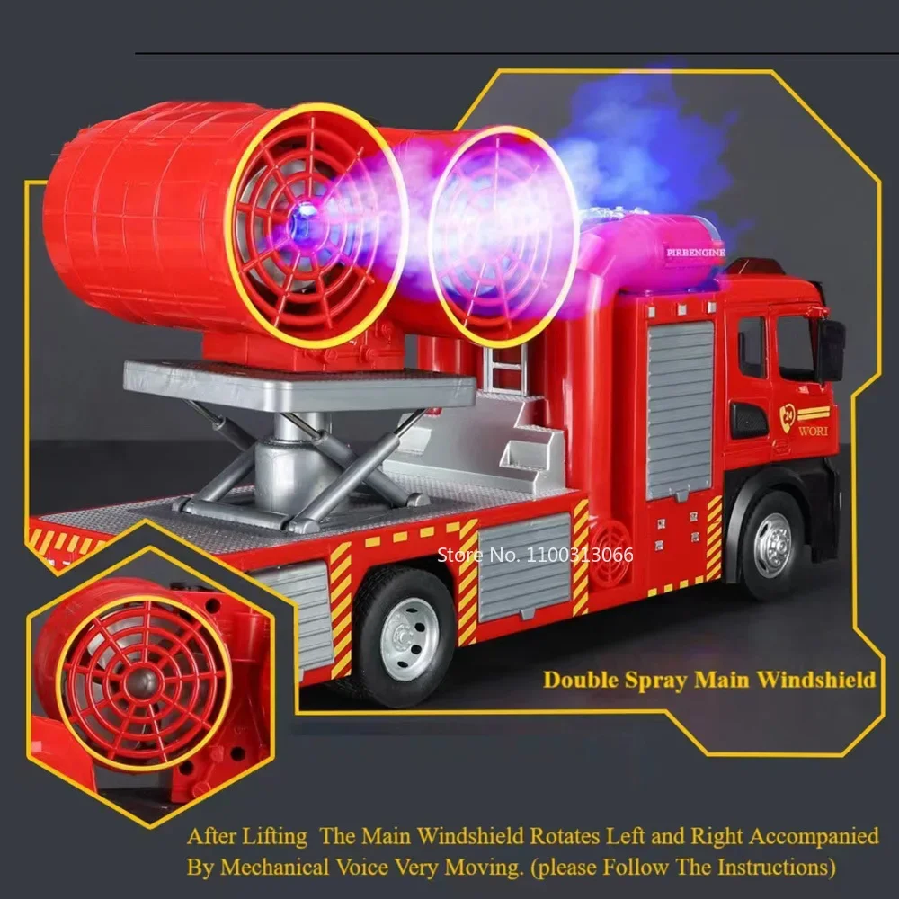 Modelo de motor de bomberos 1:18, camiones de juguete, vehículo de pulverización fundido a presión de Metal, puertas con luz y sonido, coche de ingeniería extraíble abierto para regalo de niño