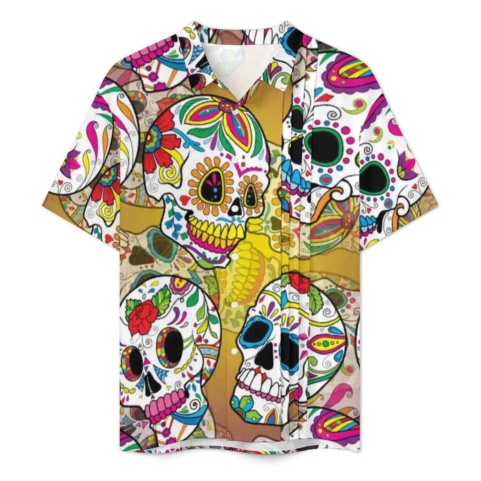 Skeleton Floral Print Beach Shirt Sugar Skulls Hawaiian Casual Shirts Men Retro Blouses Short-Sleeved Comfortable Custom Tops