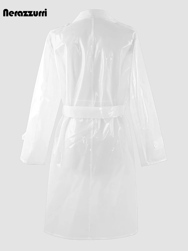 Nerazzurri Autumn Long Thin Transport Waterproof White PVC Leather Trench Coat for Women Belt Double Breasted Luxury Clothes