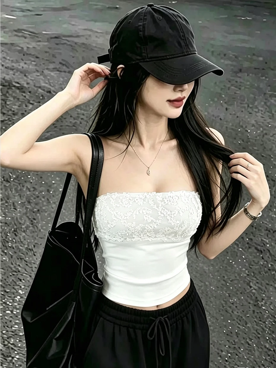 Sexy White Sequin Wrap Bustier Top Women's Outerwear Summer High-End Sensual Strapless Vest Inner Wear Trendy Short Sleeve
