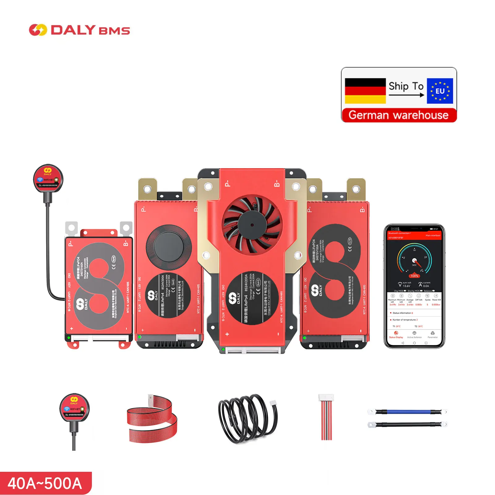 Daly-BMS intelligent Lifepo4 4S, 12V, 8S, 24V, 16S, 48V, RS485, batterie CANBUS 100A 200A 250A, équilibreur actif 18650 l'autorisation 5A, livraison en 5 jours