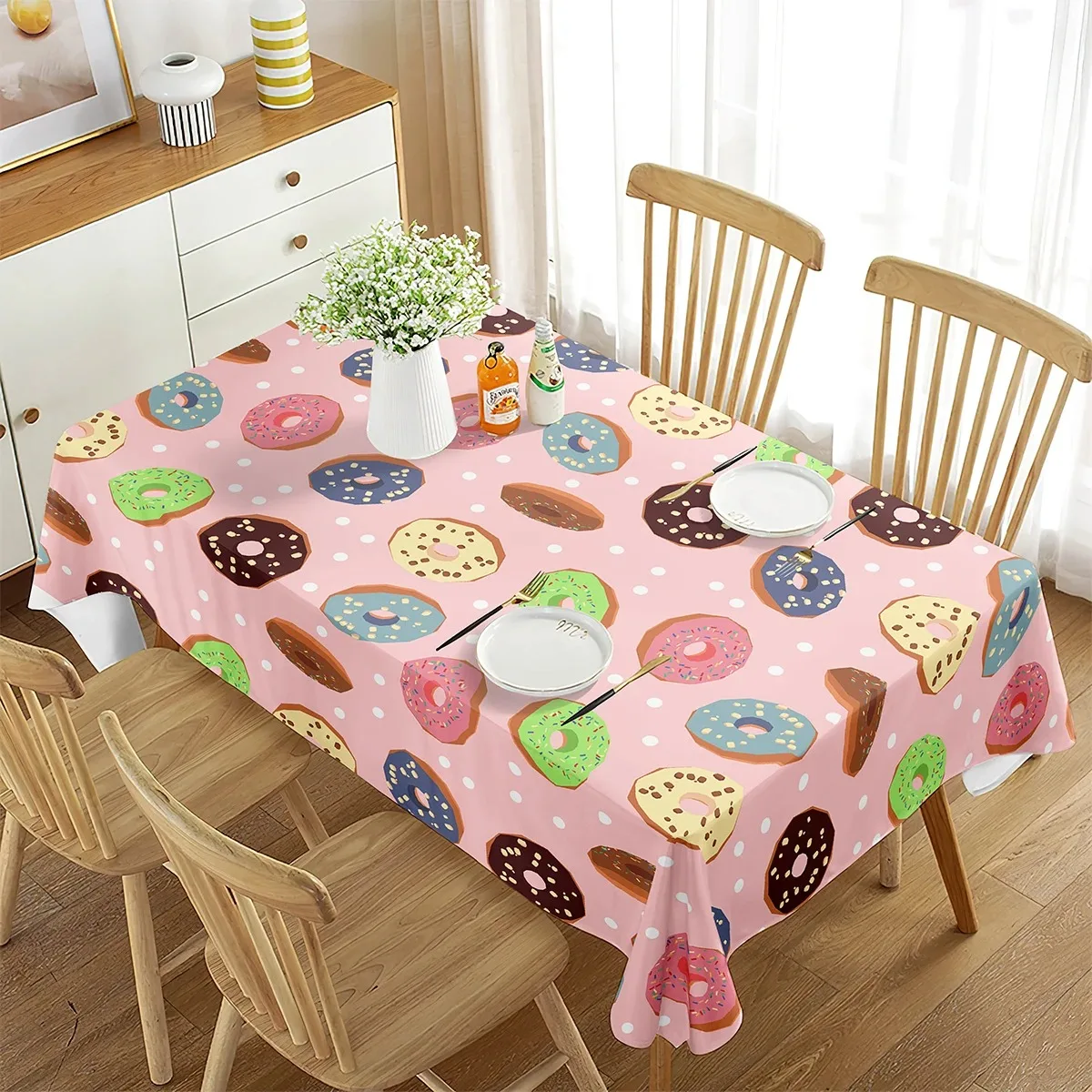 

Waterproof Polyester Tablecloth Cute Donut Printed Desk Cover 2D Flat Printed Rectangular Table Cloth Picnic Dining Room Decor