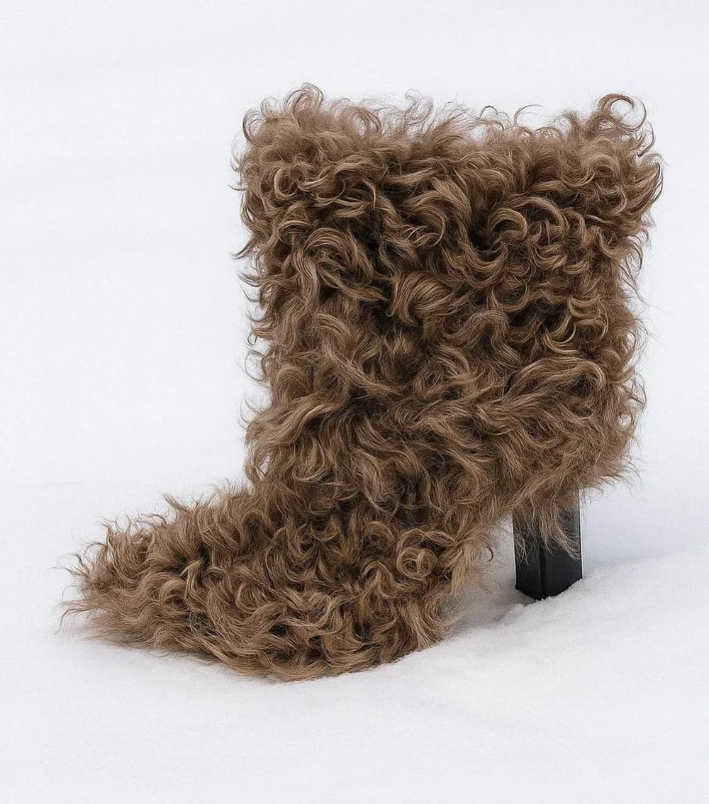 Camel Curly Faux Fur Black Block Heel Ankle Boots Voluminous Textured Design Soft Winter Warm Women Casual Fashion Boots
