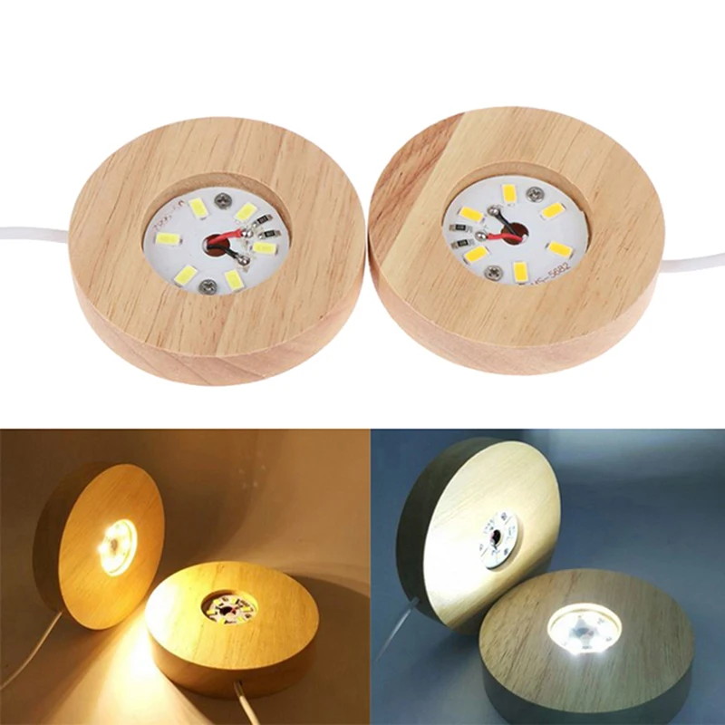 LED Luminous Rotating Base Lights Crystal Glass Transparent Objects Display Round Wooden Stands Bases for Bar Supplies