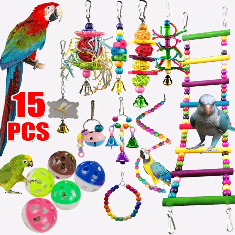 Combination Parrot Bird Toy Pet Bird Chewing Toy Cotton Rope for Parrot Training Bird Toy Swing Ball Bell Standing Cage Supplies