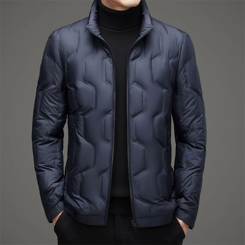 Casual Men\'s Lightweight Duck Down Jackets Solid Color Windproof Warm Puffer Coats Outwear Slim Stand Collar Tops Down Clothing