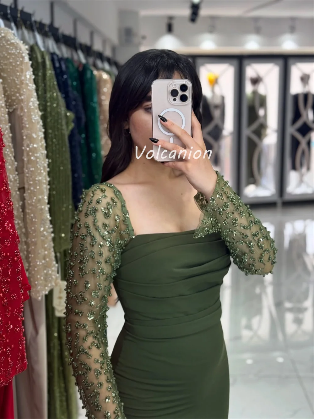 カスタマイズされた高品質スパークルジャージプリーツラインストーンビーズストレートスクエアネックティーレングスドレスオーダーメイドオケージョンドレス