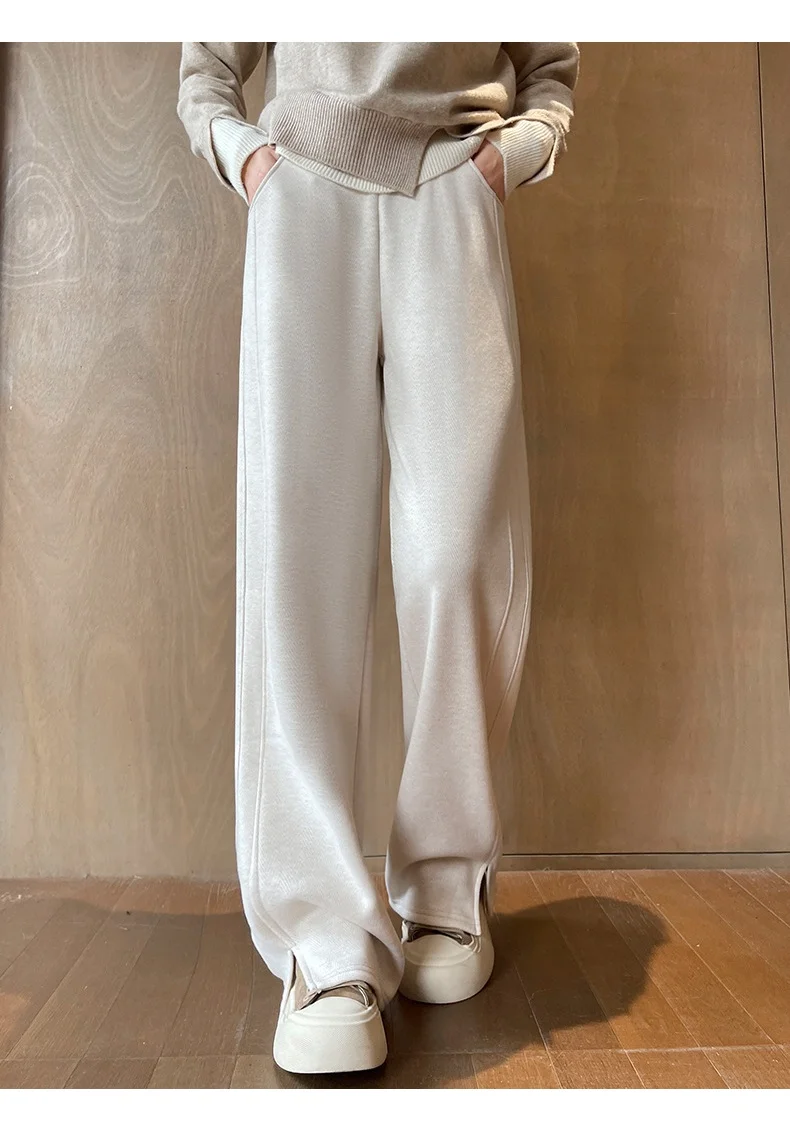 

Women Autumn Winter Wide-Leg Trousers Pattern Fleece-Lined Straight-Leg Trousers Draped Split-Hem Soft Warm Minimalist Versatile