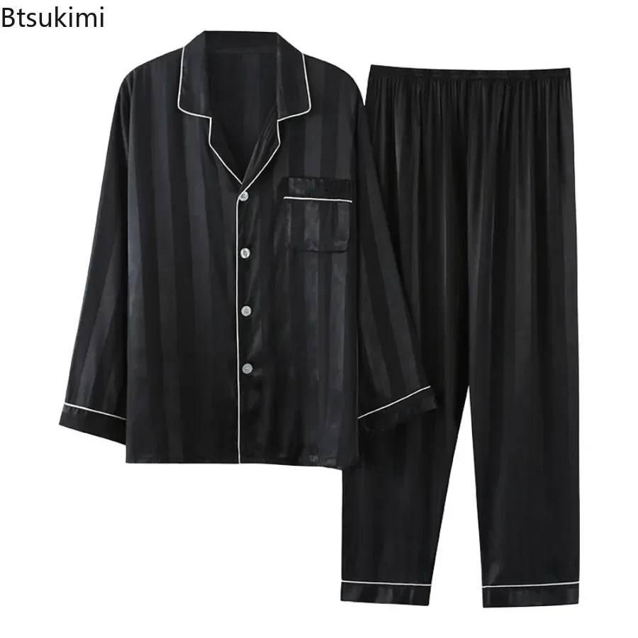 2024 High Quality Ice Silk Pajamas for Men Fashion Patchwork Solid Satin Long Sleeve Pants Home Two-pieces Male Lounge Sleepwear