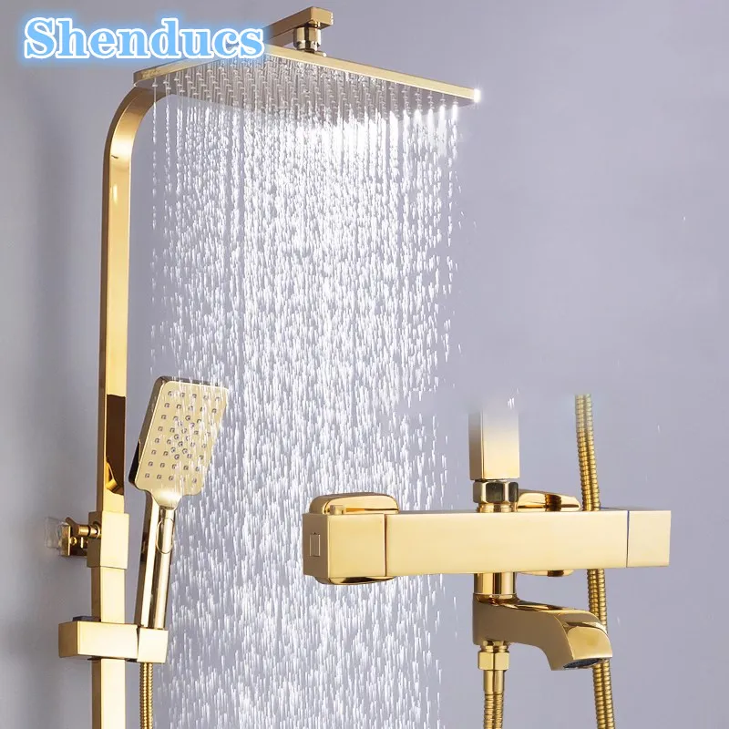 Thermostatic Bathroom Shower Set 12 Inch Rain Shower Head Brass Bathroom Mixer Faucet Gold Thermostatic Bathroom Shower System