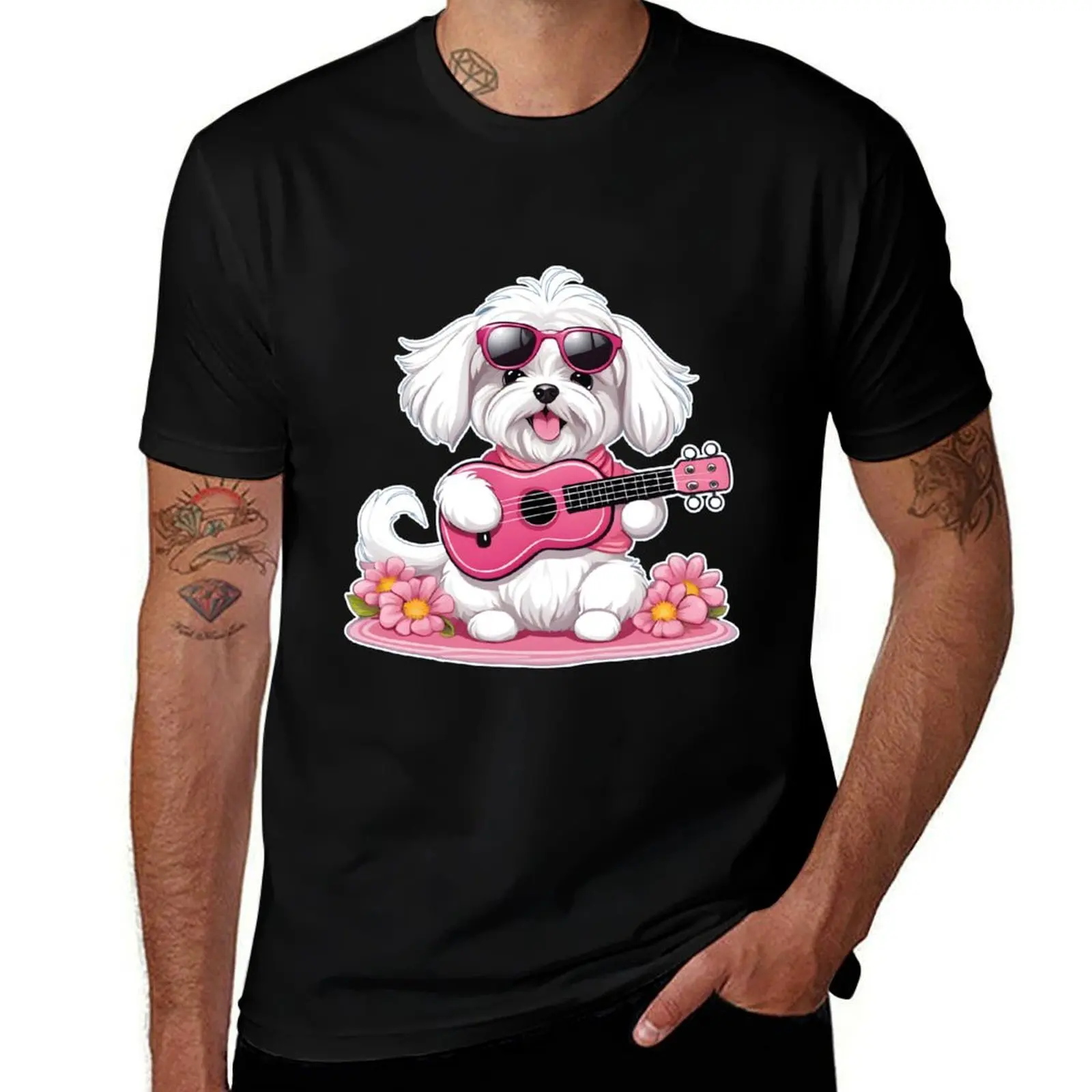 

Cute Chill'n Maltese with Pink Shades and Guitar T-Shirt mens graphic t shirts t shirts for man cotton funny T-Shirt