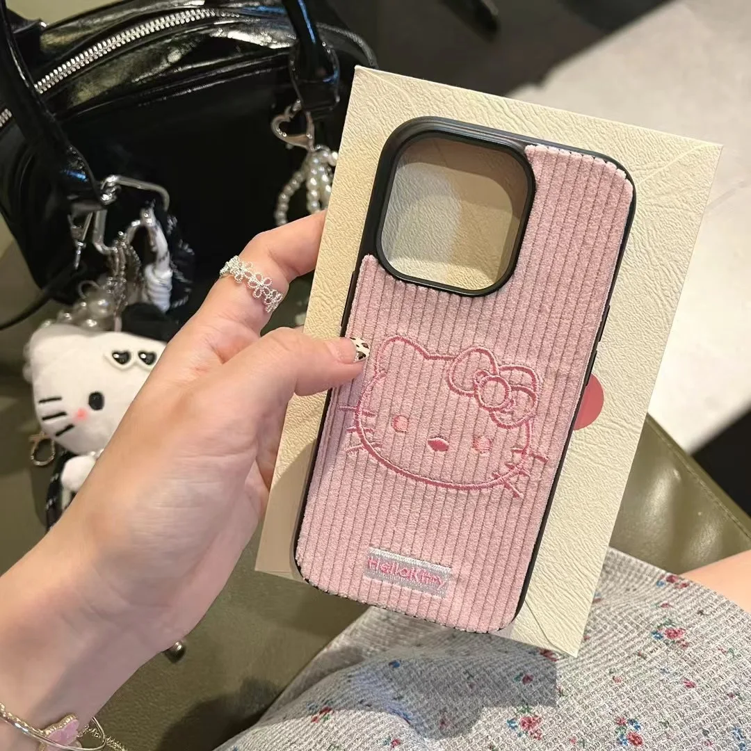 Embroidered pink stripes are Kawaii Hello Kitty Sanrio Plush Phone Soft Case for IPhone 12 13 14 15 16 Pro Max Case Winter Gift