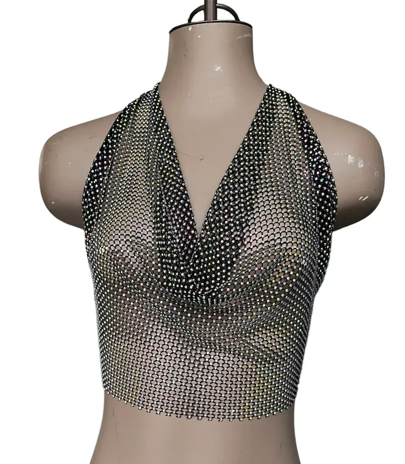 Damen Neckholder-Top mit Strass und Netzstoff, Cowl-Ausschnitt, Rückenfreies Wickeltop mit Selbstbindung, Transparentes Club-Party-Oberteil, Ärmellos, Sexy Bikini-Überzug – Detail 3