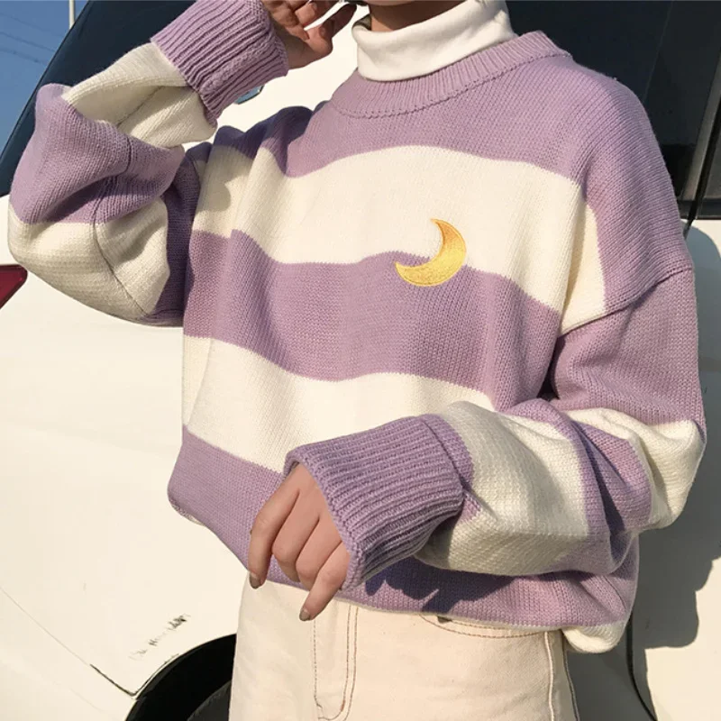 

Women College Candy Color Stripes Moon Embroidery Sweaters 2023 Kawaii Sweater Female Harajuku Clothing for Female Lady Ulzzang