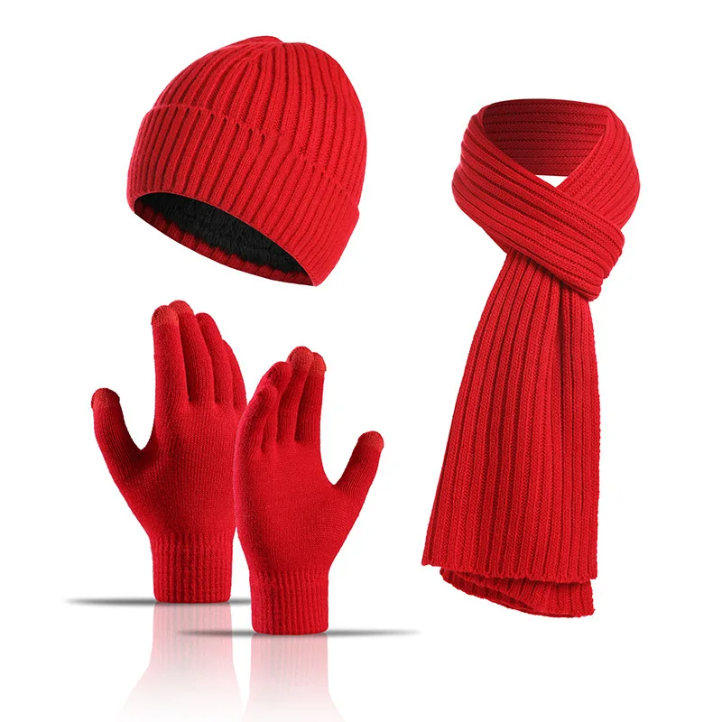 

Soft Winter Keep Warm Set Fleece Lining Knitted Beanie Gloves Scarf Solid Color Thicken Unisex Hat Neckerchief for Men Women