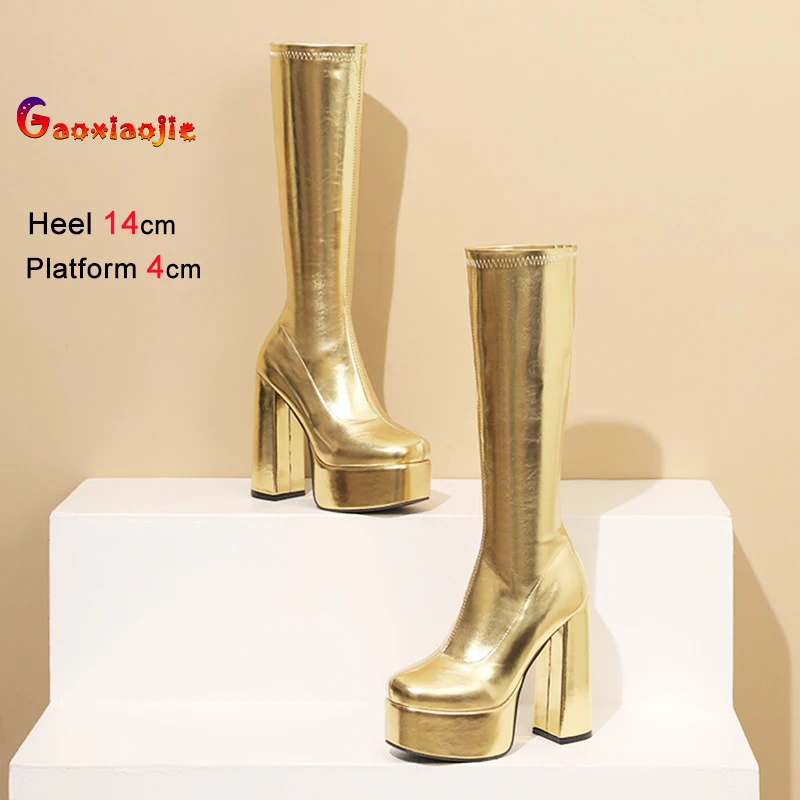 

Sexy Leather Boots Thick Platform T Show Gold Nightclub Long Boots Square Toe 14CM High Heels Elastic Slim Leg Large Women Shoes