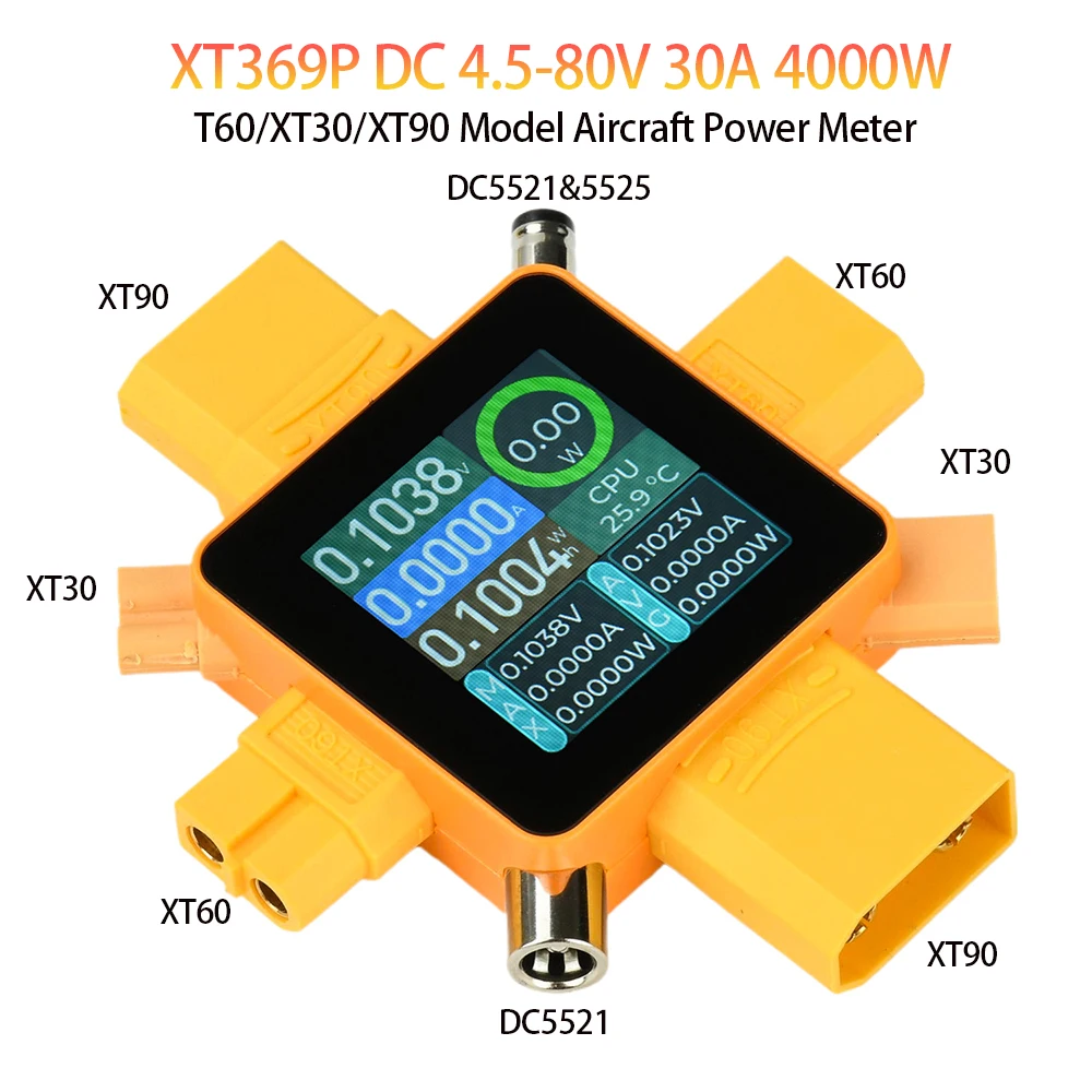 XT369P DC4.5-80V 50A Digital Voltmeter Ammeter XT60 XT30 XT90 Plug Wattmeter Current Capacity Tester Model Aircraft Power Meter