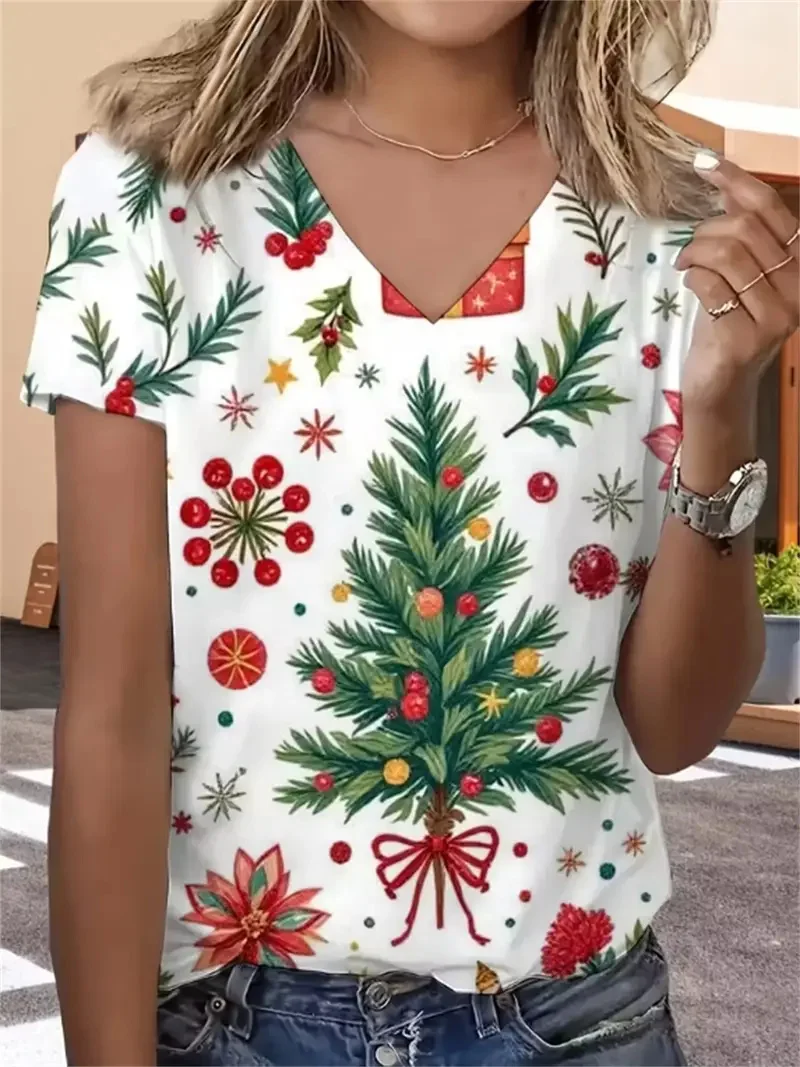 Fashion Santa Clause Graphic T-Shirts For Women Christmas Theme V-Neck Short Sleeve Tees Creative Personality Design Casual Tops