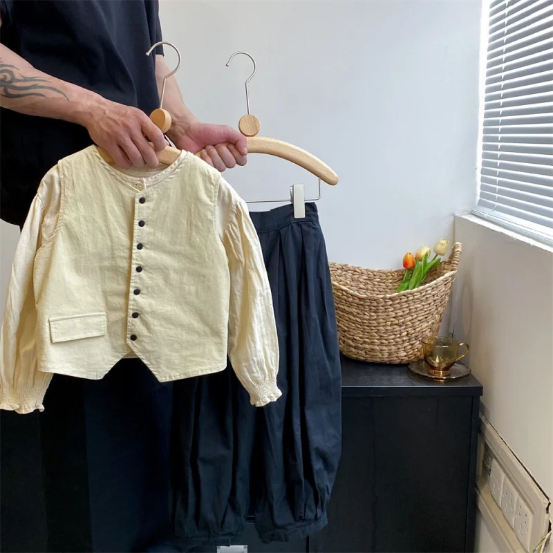 

2025Spring Summer New Style Girls' Fashionable Vest Set Elegant Puff Sleeve Shirt Lantern Long Pants