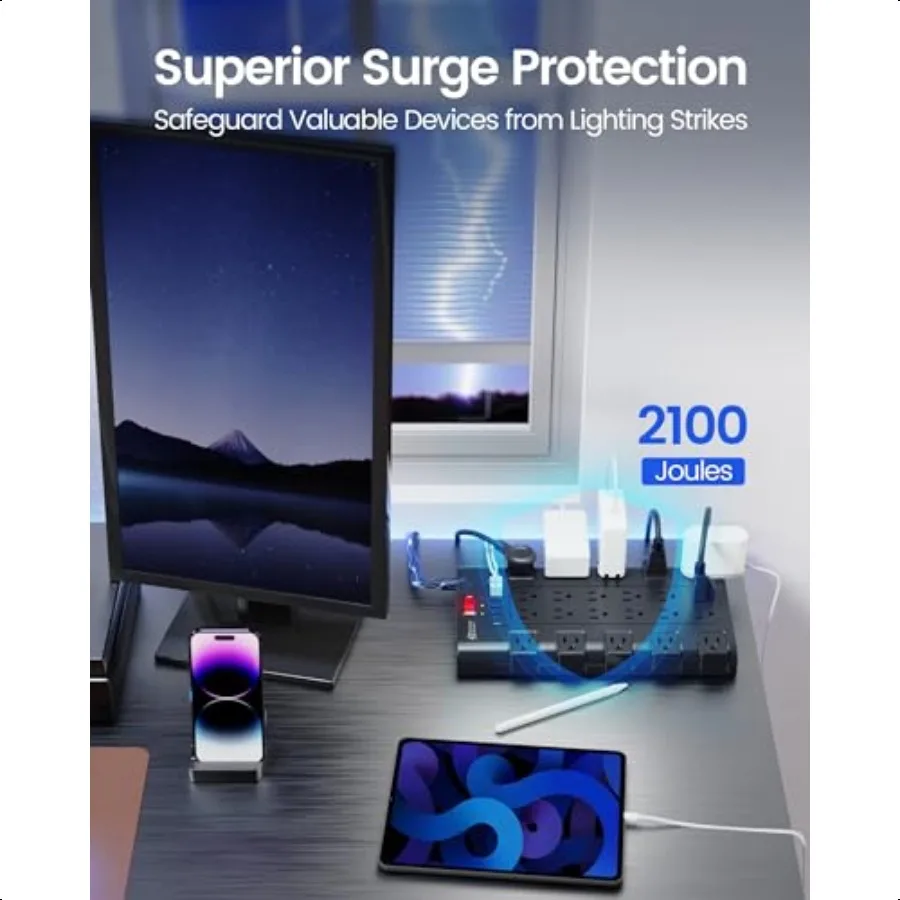 قطاع الطاقة ERDANNY Surge Protector مع 22 منفذ تيار متردد و6 منافذ شحن USB 1875 وات 15 أمبير 2100 جول 6.5 قدم قابس مسطح ثقيل