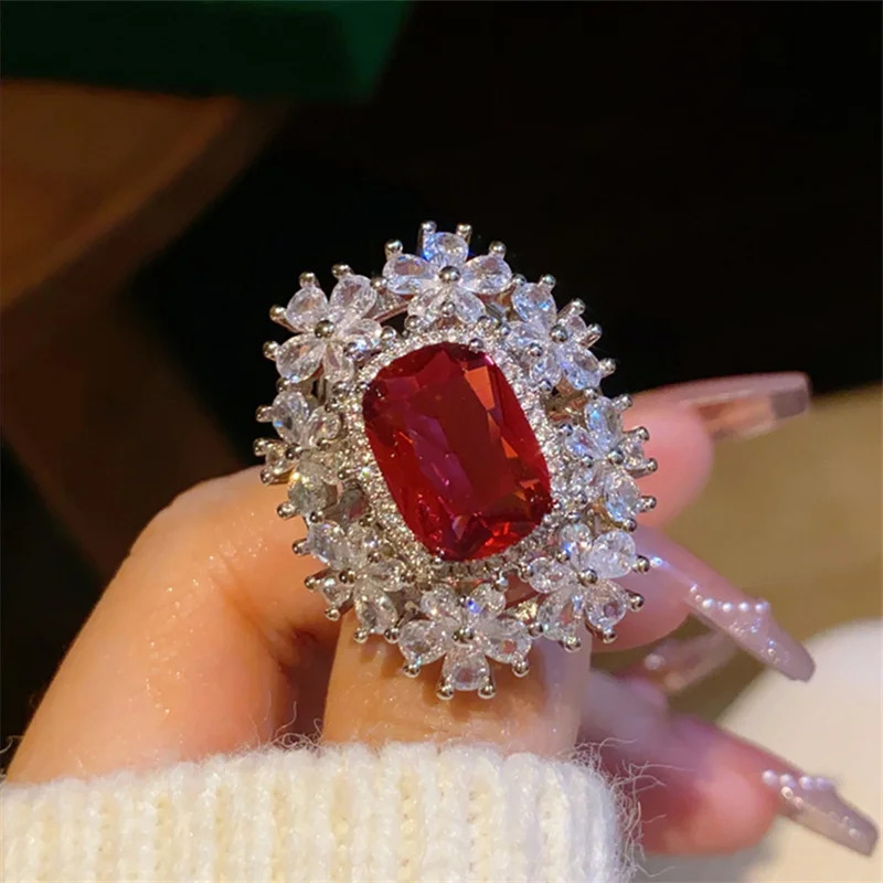 Created Ruby Rings For Women Big Gemstone Deep Red White Gold Plated Adjustable Size Fine Jewelry Luxury Party Accessories