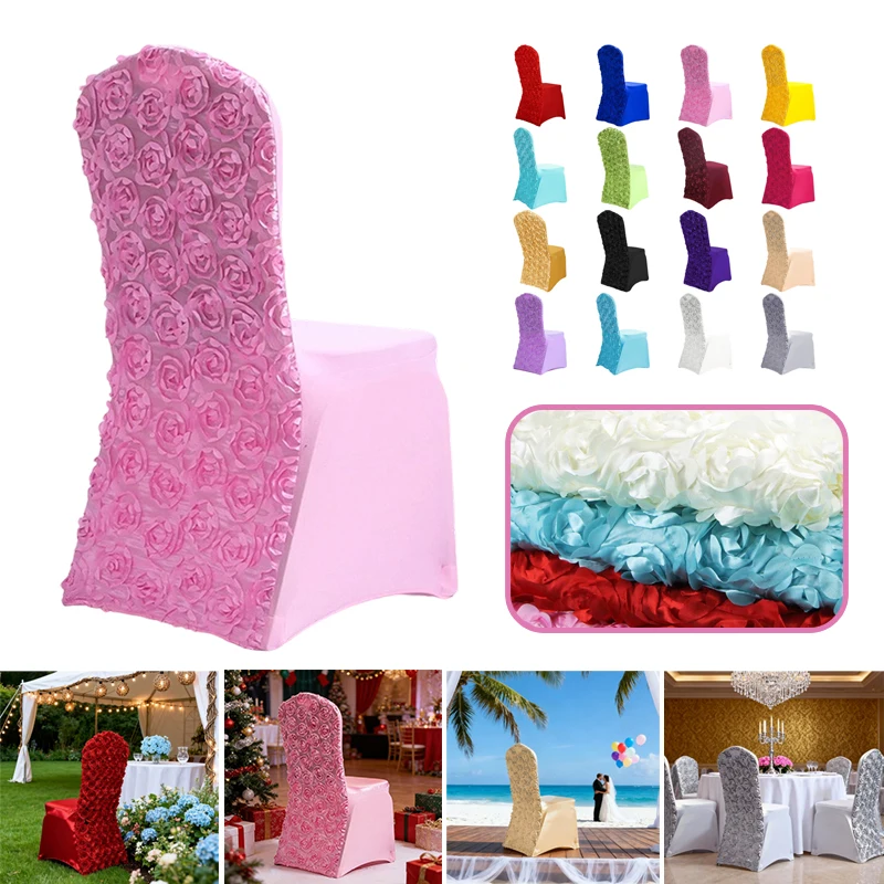 

Luxury 3D Rose Spandex Chair Cover Universal Fit Elastic Chair Dustproof Protector for Wedding Decoration Hotel Banquet Party