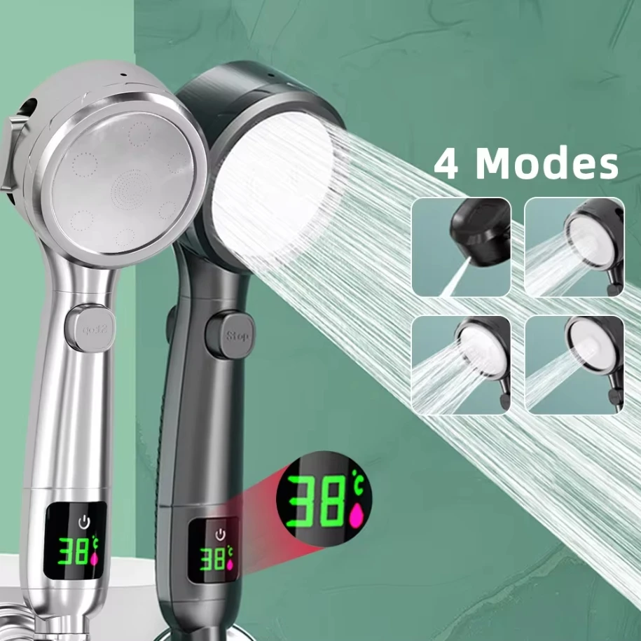 4 Modes LED Digital Temperature Display Shower Head High Pressure Handheld Bathroom Water Saving  Pressurized Adjustable Spray