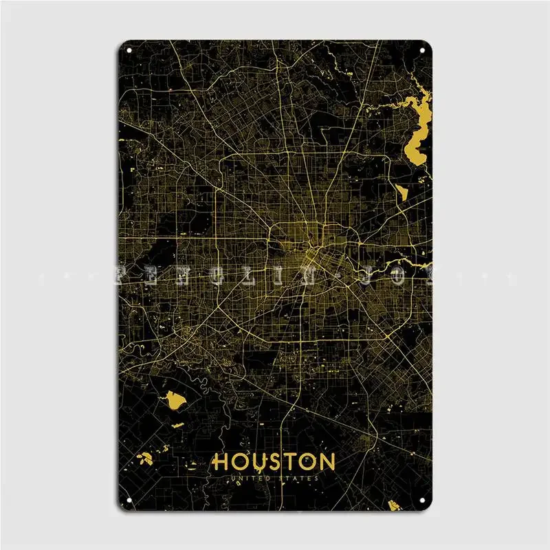 Houston Map Gold Metal Plaque Poster Wall Cave Plates Home Create Tin Sign Posters