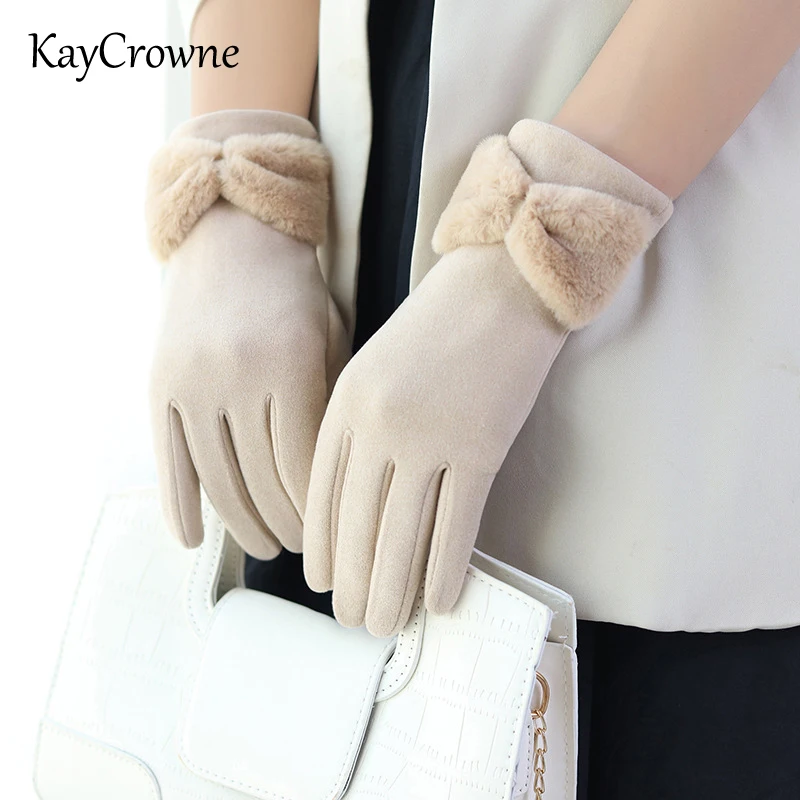 New Bow Tie Grace Elegant Fashion Lady Gloves Women Winter Vintage Touch Screen Driving Riding Keep Warm Windproof Glove Mittens