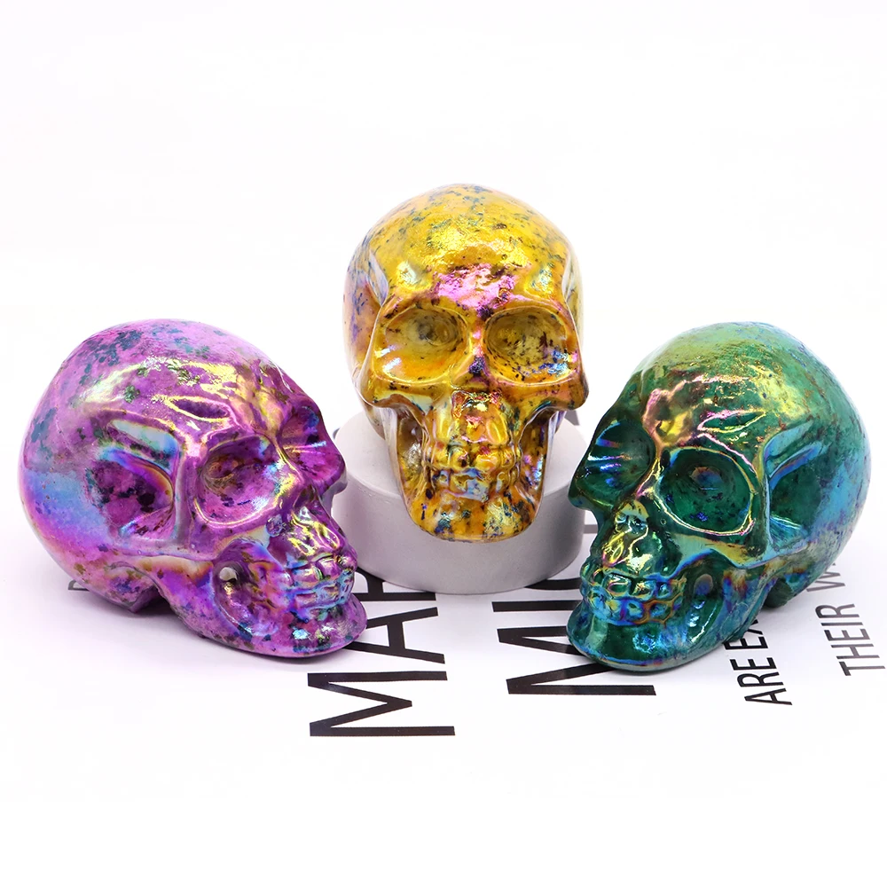 Vintage Natural Stone Electroplating Skull Healing Crystal Carved Statue Fashion Jewelry Home Room Decoration Halloween Gifts