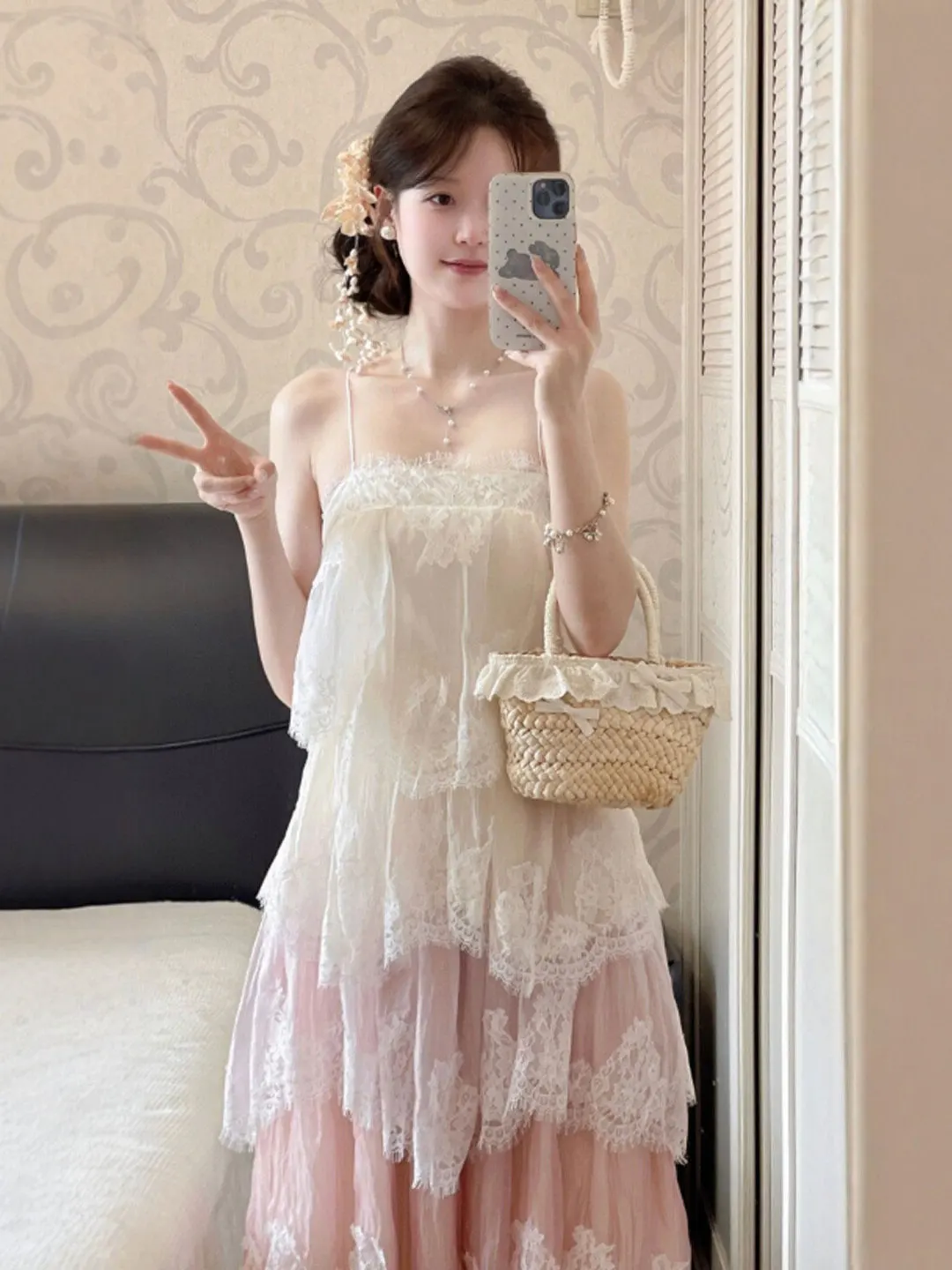 

Summer Beach Lace Fairy Long Dress Gentle Sweet Beach Dress Shoulder Baring mid High Waist Polymide Fiber Cake Skirt Style