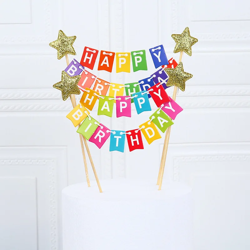 New Happy Birthday Cake Topper Kids Gift Dessert Colorful Pull Flower Flag DIY Birthday Party Cake Topper Decoration baby shower