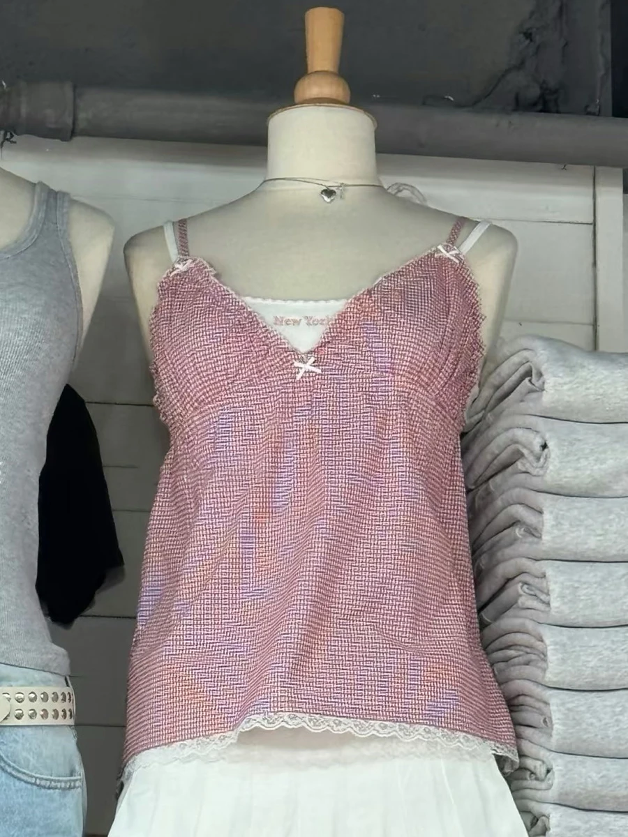 

Lace Trim Pink Plaid Tank Top Women Summer Fungus Trim Bows Sexy V Neck Backless Camisole Sweet Cute Casual Sleeveless Crop Tops