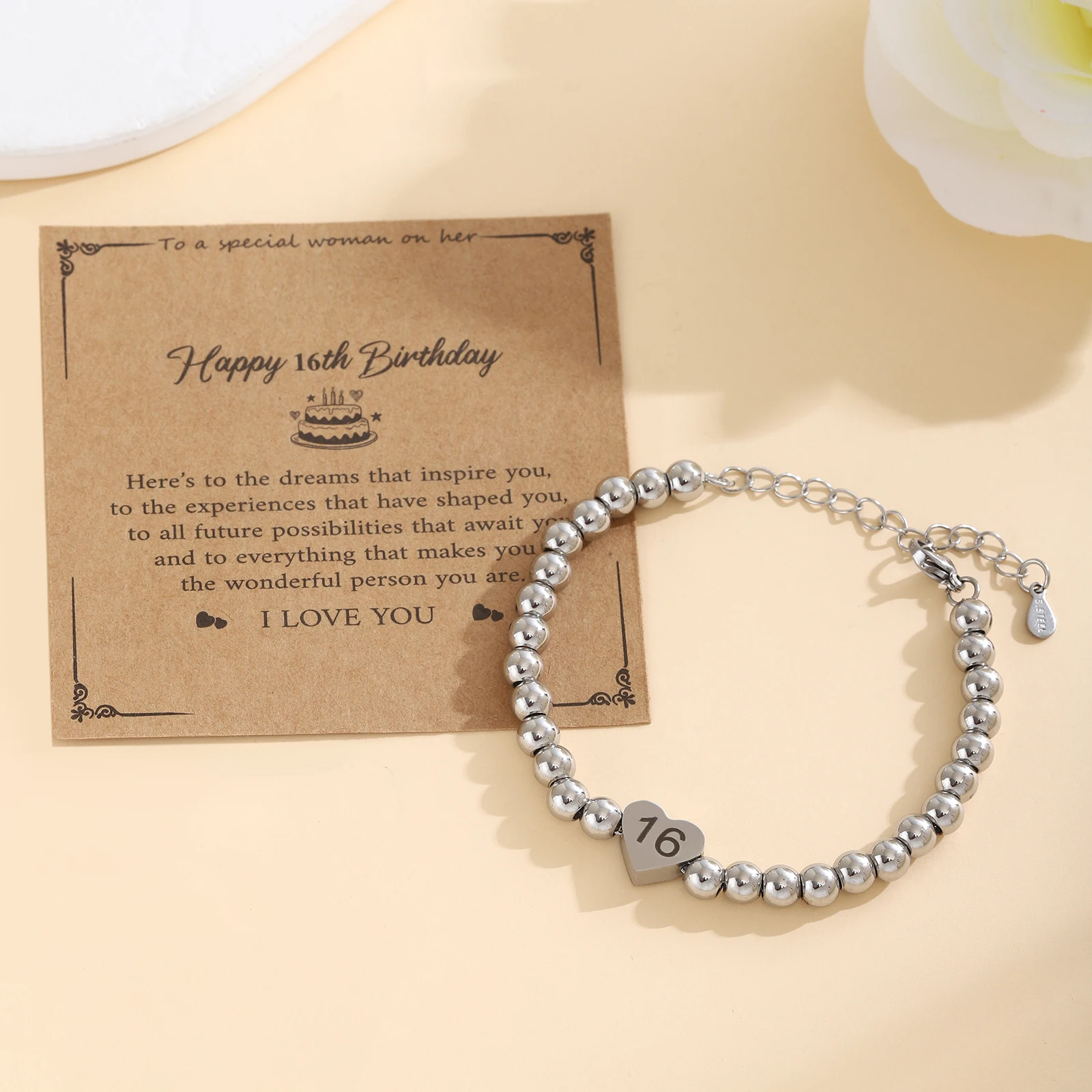 

Women's 6mm Beads Heart Number Bracelets Stainless Steel Chain Bracelet Jewelry Birthday Gift for Daughter Friend Mother Sister