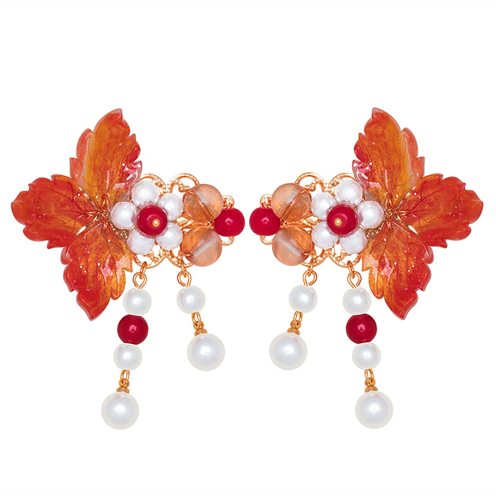2pcs Vintage Hair Clips Red Leaves Chinese Hanfu Hair Accessories Girls Floral Barrettes Headpeice Retro Party Hair Jewelry