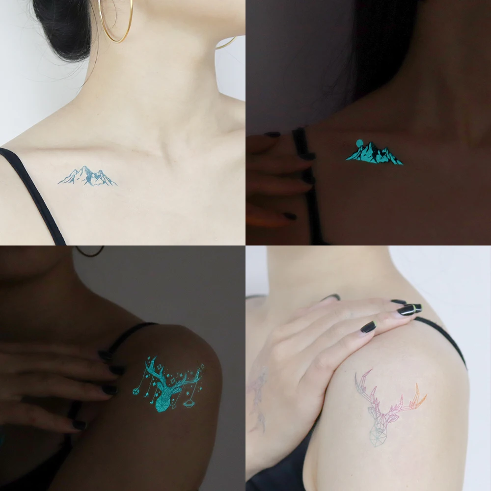 Tatuaje luminoso azul con plumas de mariposa, pegatina temporal resistente al agua para brazo, arte corporal, tatuajes falsos, accesorios de