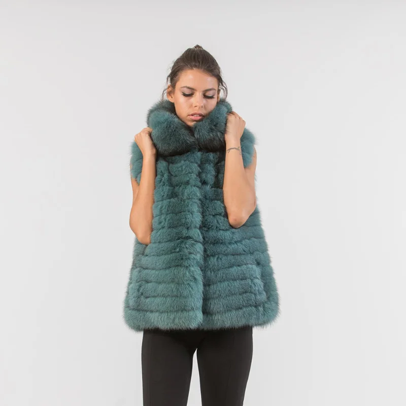 Sleeveless Natural Fox Fur Woven Vest Coat Women Luxury Casual Outertwear O-neck Fashion Genuine Real Fur Jacket Female